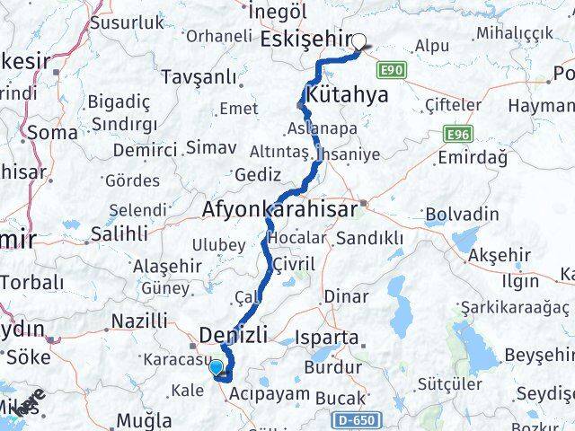 Denizli Serinhisar Eskişehir Arası Kaç Km - Yol Haritası
