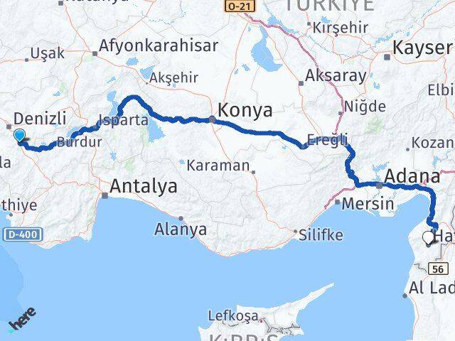 Denizli Serinhisar Hatay Arası Kaç Km - Yol Haritası