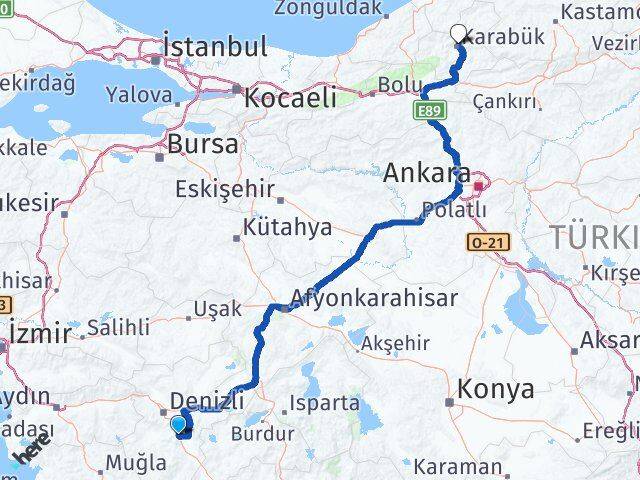 Denizli Serinhisar Karabük Arası Kaç Km - Yol Haritası