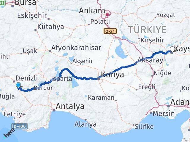 Denizli Serinhisar Kayseri Arası Kaç Km - Yol Haritası