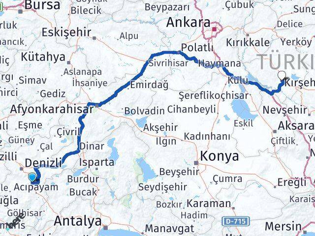 Denizli Serinhisar Kırşehir Arası Kaç Km - Yol Haritası