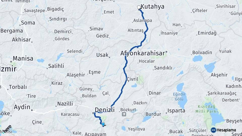Denizli Serinhisar Kütahya Arası Kaç Km - Yol Haritası