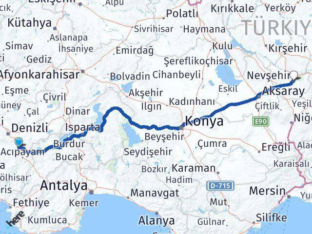Denizli Serinhisar Nevşehir Arası Kaç Km - Yol Haritası
