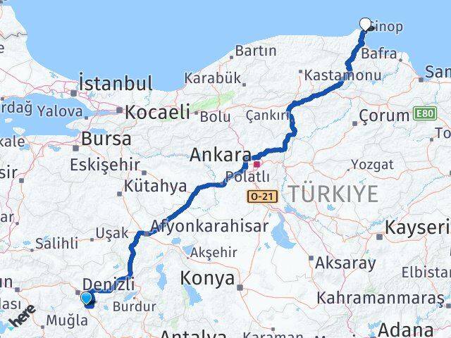 Denizli Serinhisar Sinop Arası Kaç Km - Yol Haritası