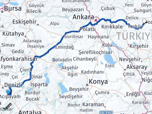 Denizli Serinhisar Yozgat Arası Kaç Km - Yol Haritası
