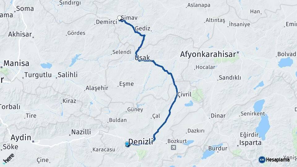 Denizli Simav Kütahya Arası Kaç Km - Yol Haritası