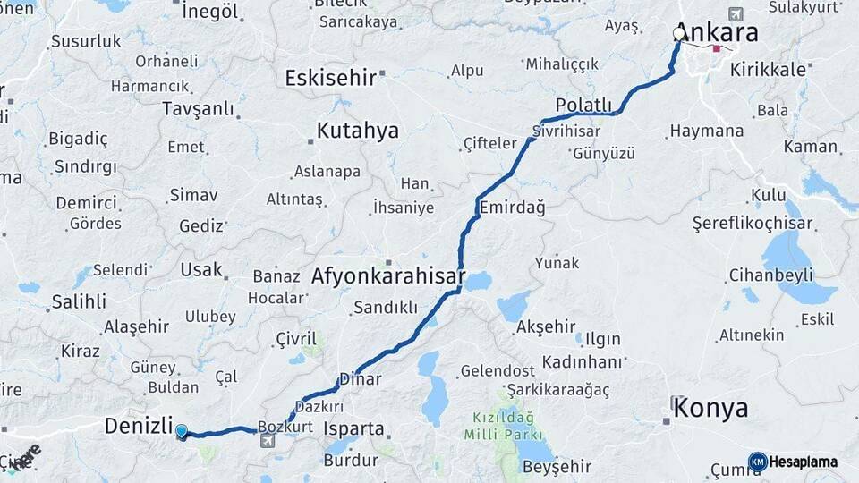 Denizli Sincan Ankara Arası Kaç Km - Yol Haritası