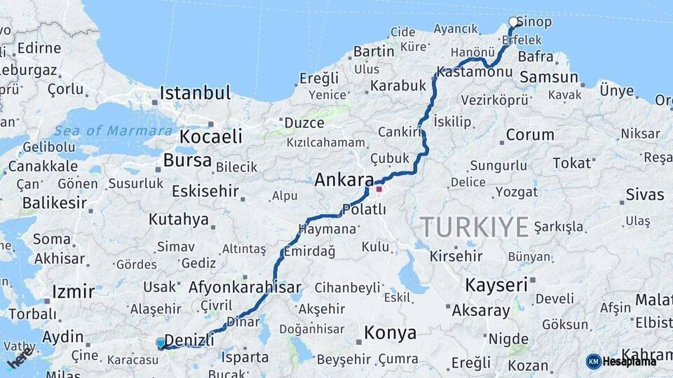 Denizli Sinop Arası Kaç Km - Yol Haritası