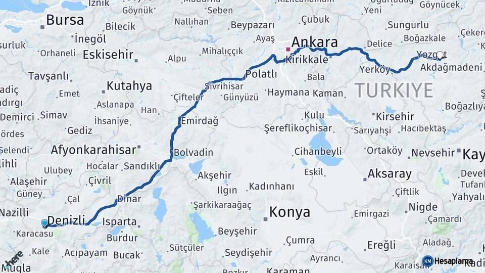 Denizli Sorgun Yozgat Arası Kaç Km - Yol Haritası