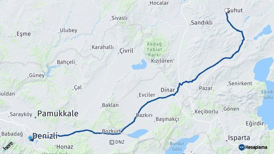 Denizli Şuhut Afyonkarahisar Arası Kaç Km - Yol Haritası