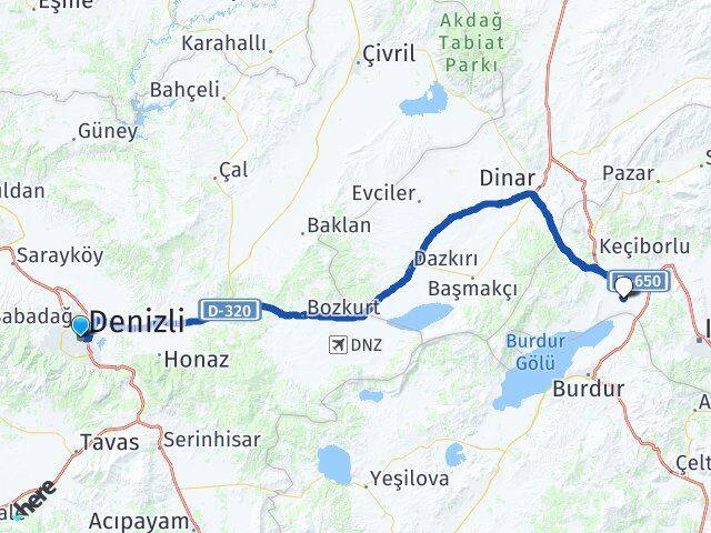 Denizli Süleyman Demirel Havalimanı Arası Kaç Km - Yol Haritası