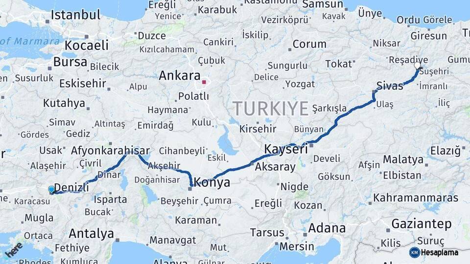 Denizli Suşehri Sivas Arası Kaç Km - Yol Haritası