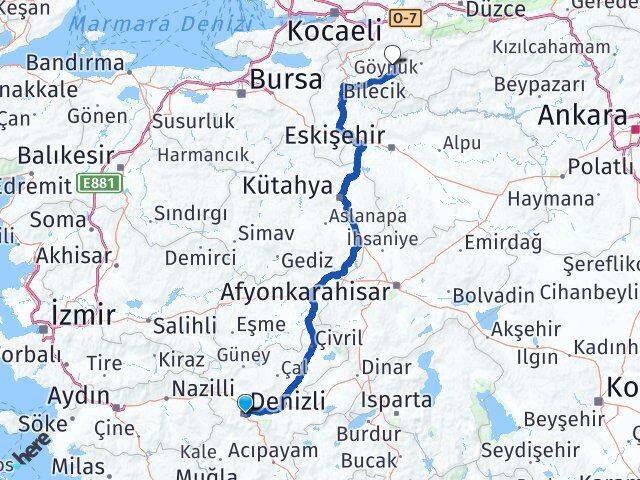 Denizli Taraklı Sakarya Arası Kaç Km - Yol Haritası