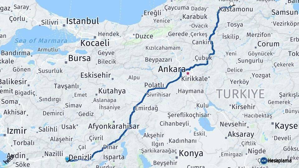 Denizli Taşköprü Kastamonu Arası Kaç Km - Yol Haritası