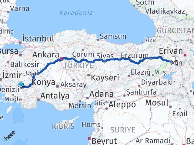 Denizli Taşlıçay Ağrı Arası Kaç Km - Yol Haritası