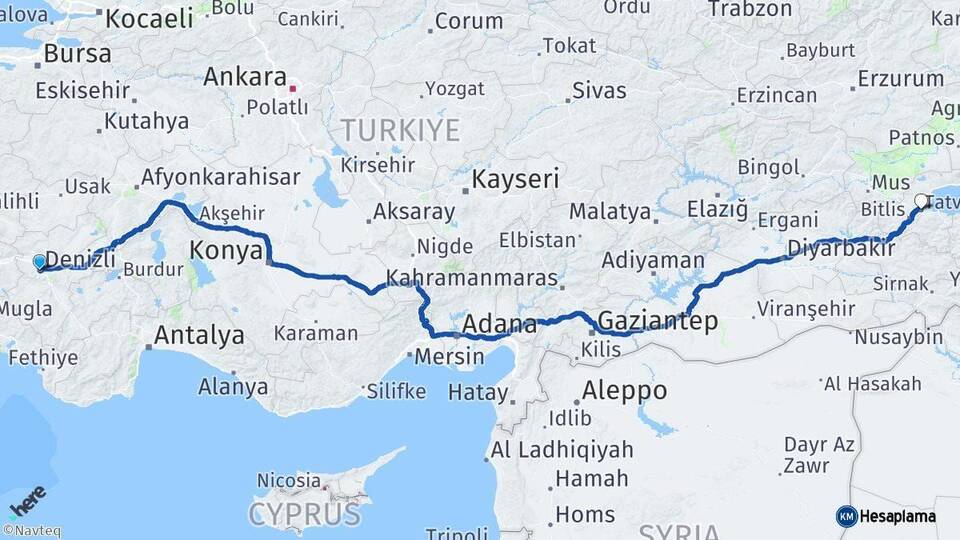Denizli Tatvan Bitlis Arası Kaç Km - Yol Haritası