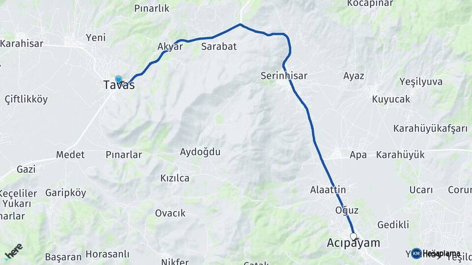 Denizli Tavas Acıpayam Arası Kaç Km - Yol Haritası