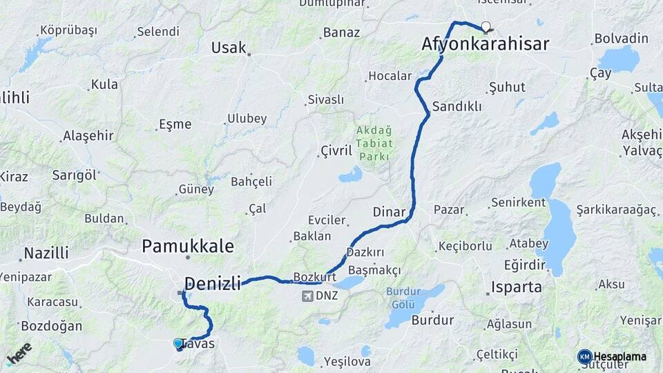 Denizli Tavas Afyonkarahisar Arası Kaç Km - Yol Haritası