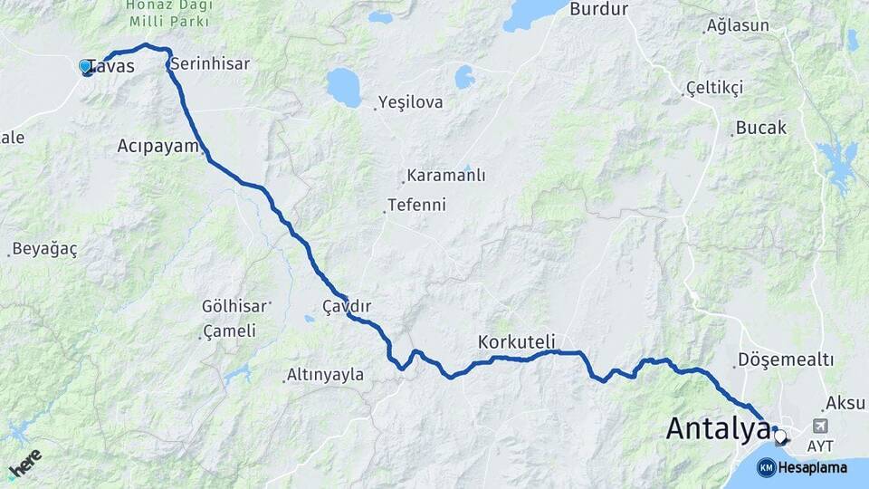 Denizli Tavas Antalya Arası Kaç Km - Yol Haritası