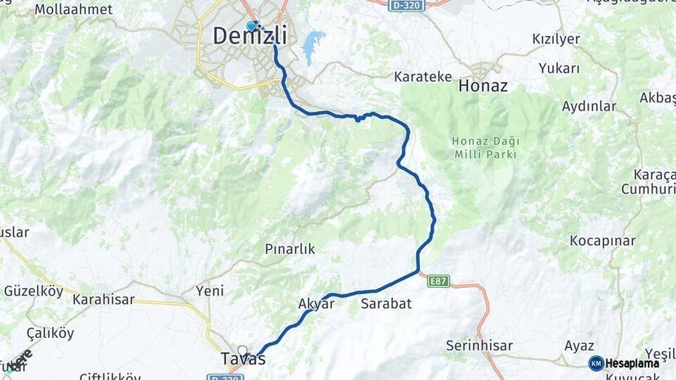 Denizli Tavas Arası Kaç Km - Yol Haritası