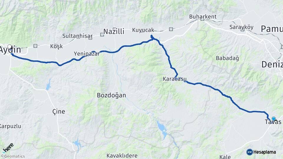 Denizli Tavas Aydın Arası Kaç Km - Yol Haritası