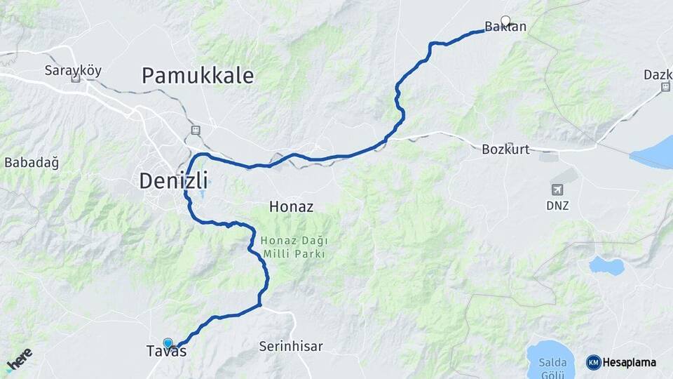 Denizli Tavas Baklan Arası Kaç Km - Yol Haritası