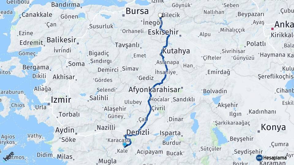 Denizli Tavas Bilecik Arası Kaç Km - Yol Haritası