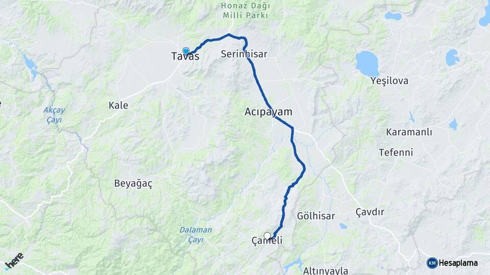Denizli Tavas Çameli Arası Kaç Km - Yol Haritası