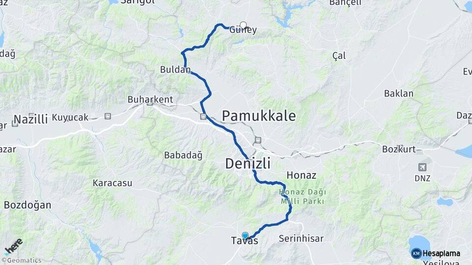 Denizli Tavas Güney Arası Kaç Km - Yol Haritası