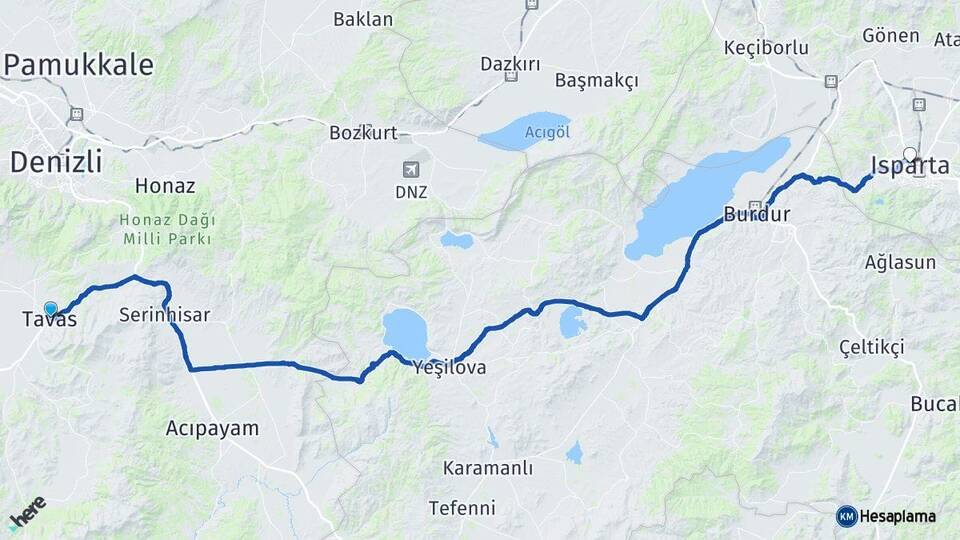 Denizli Tavas Isparta Arası Kaç Km - Yol Haritası