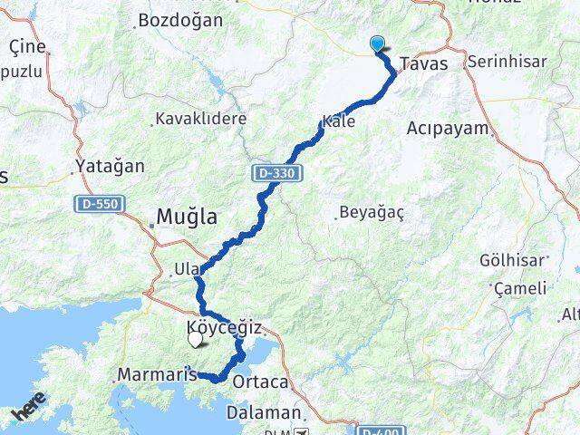 Denizli Tavas Kızılcabölük Muğla Arası Kaç Km - Yol Haritası