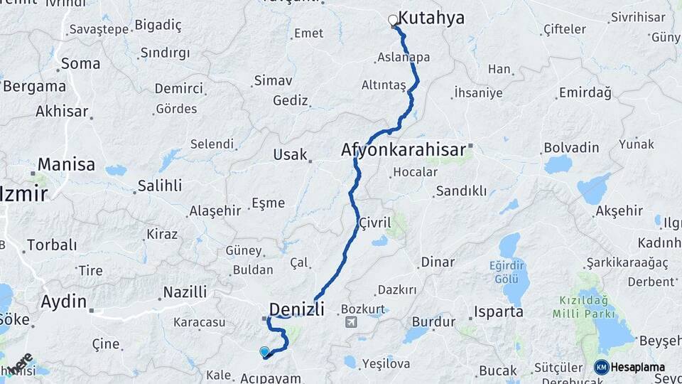 Denizli Tavas Kütahya Arası Kaç Km - Yol Haritası