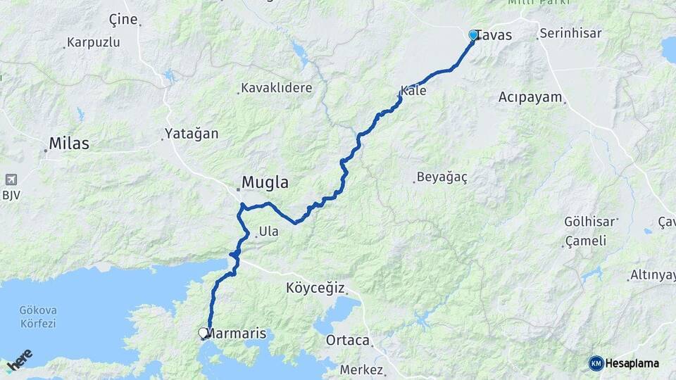 Denizli Tavas Marmaris Muğla Arası Kaç Km - Yol Haritası