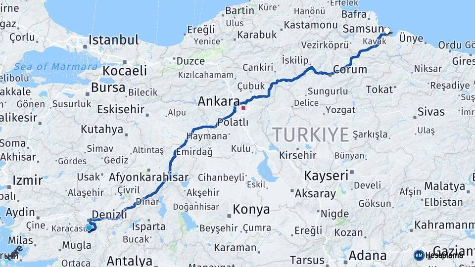 Denizli Tavas Samsun Arası Kaç Km - Yol Haritası