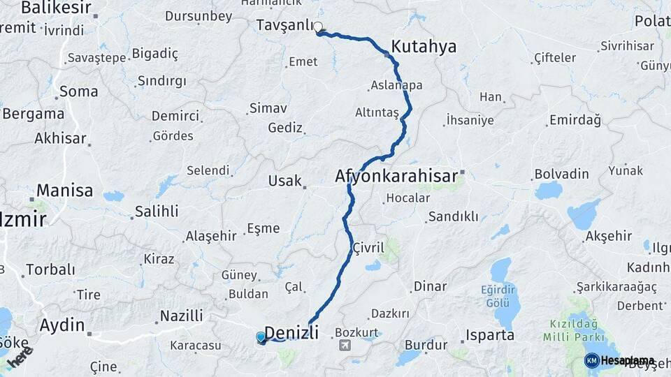 Denizli Tavşanlı Kütahya Arası Kaç Km - Yol Haritası