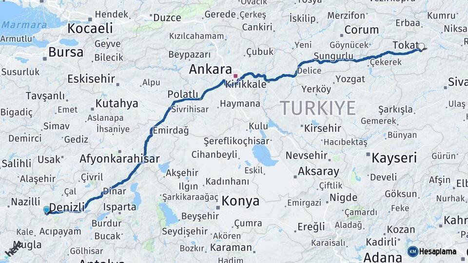 Denizli Tokat Arası Kaç Km - Yol Haritası