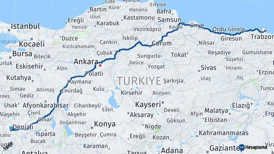 Denizli Trabzon Arası Kaç Km - Yol Haritası