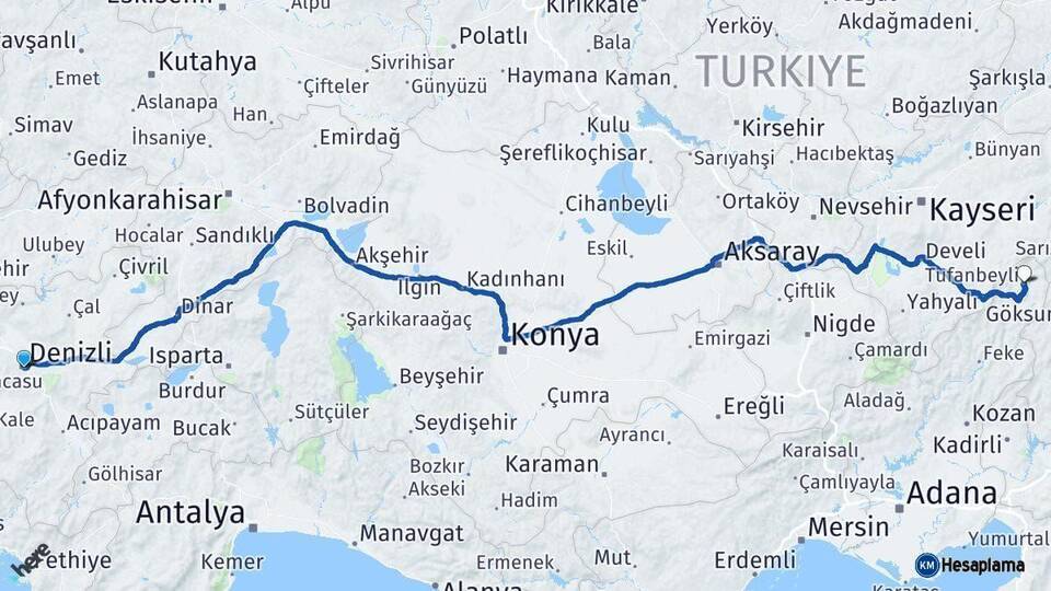 Denizli Tufanbeyli Adana Arası Kaç Km - Yol Haritası