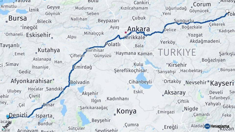 Denizli Turhal Tokat Arası Kaç Km - Yol Haritası