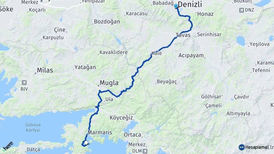 Denizli Turunç Marmaris Muğla Arası Kaç Km - Yol Haritası