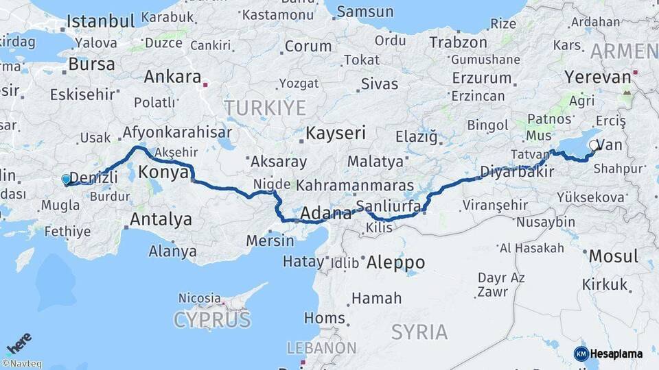 Denizli Van Arası Kaç Km - Yol Haritası