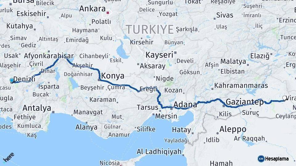 Denizli Viranşehir Şanlıurfa Arası Kaç Km - Yol Haritası