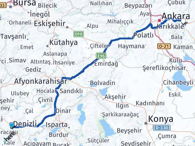Denizli Yahşihan Kırıkkale Arası Kaç Km - Yol Haritası