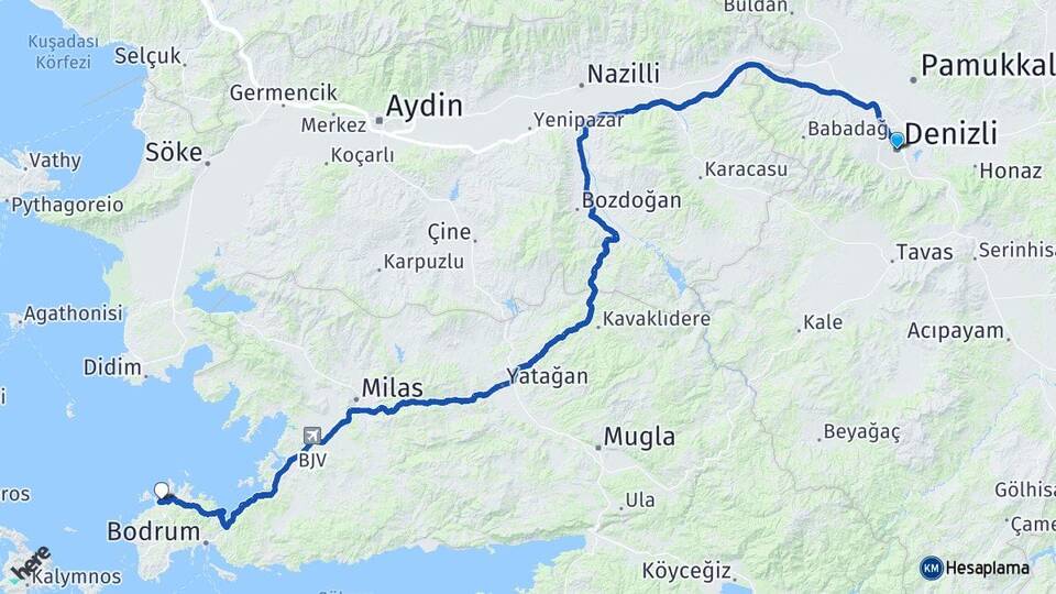 Denizli Yalıkavak Bodrum Muğla Arası Kaç Km - Yol Haritası