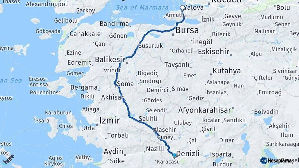 Denizli Yalova Arası Kaç Km - Yol Haritası