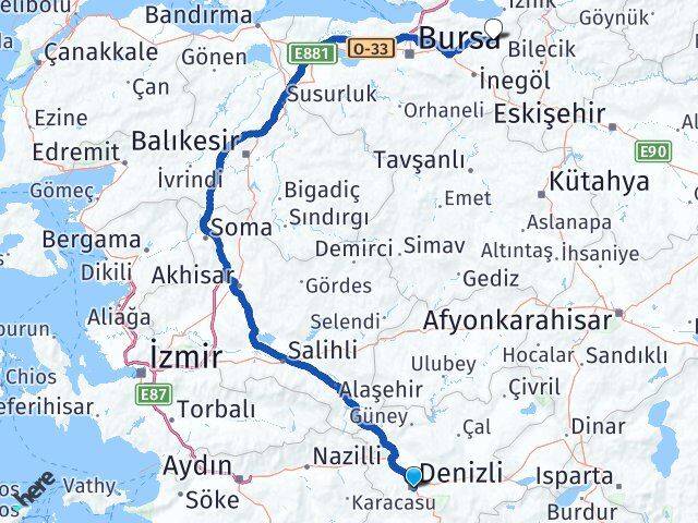 Denizli Yenişehir Bursa Arası Kaç Km - Yol Haritası