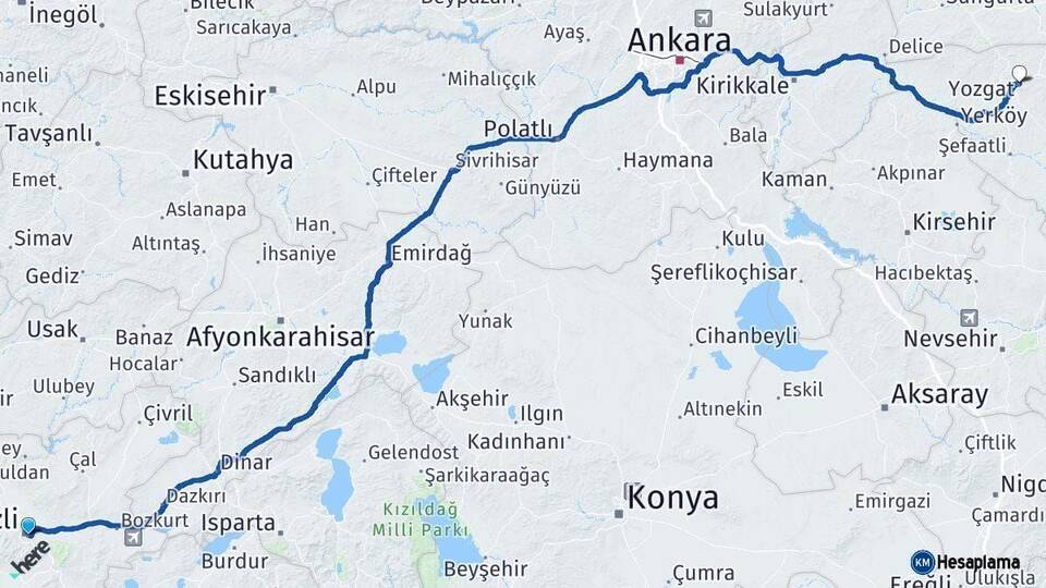 Denizli Yozgat Arası Kaç Km - Yol Haritası