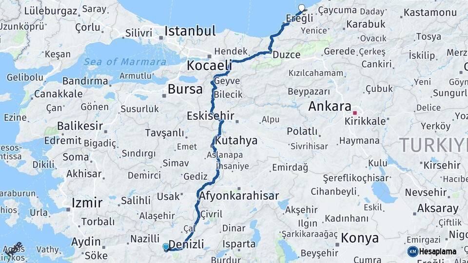 Denizli Zonguldak Arası Kaç Km - Yol Haritası