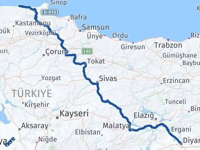 Diyarbakır Abana Kastamonu Arası Kaç Km - Yol Haritası