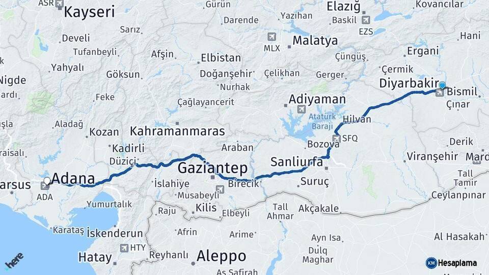 Diyarbakır Adana Arası Kaç Km - Yol Haritası